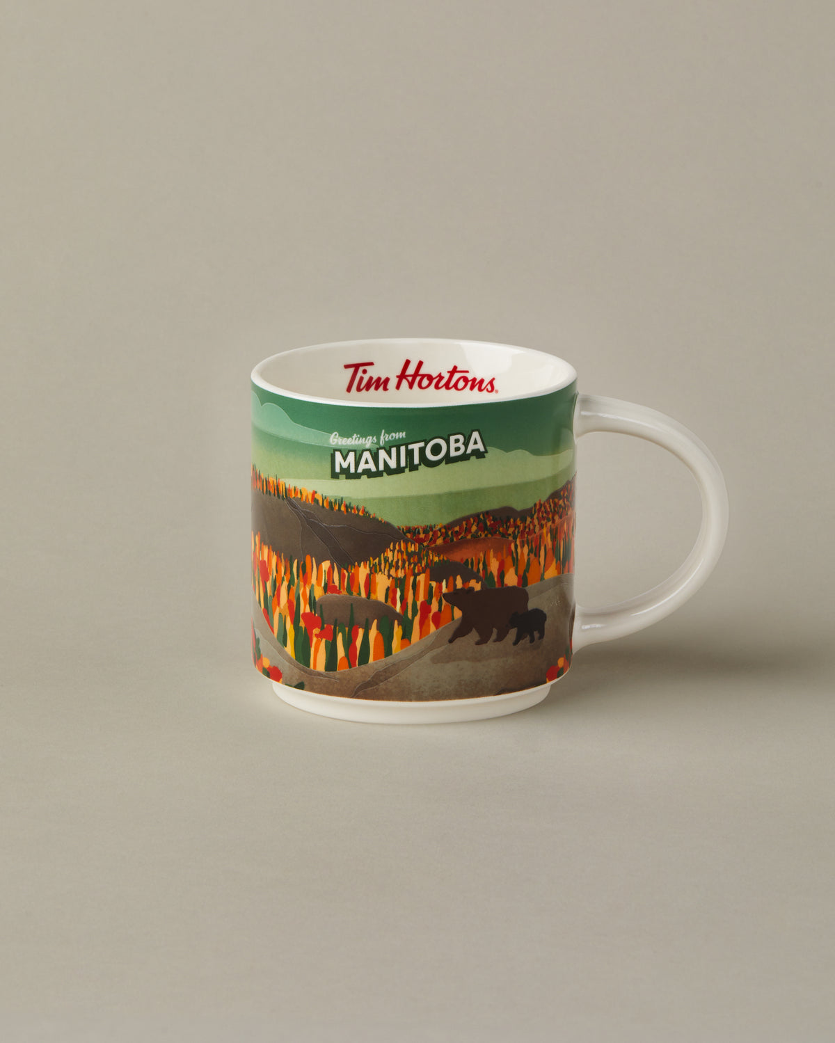 16oz ceramic Tim Hortons mug with Manitoba landscape design | Tasse Tim Hortons de 16 oz représentant des paysages du Manitoba. - Image #1