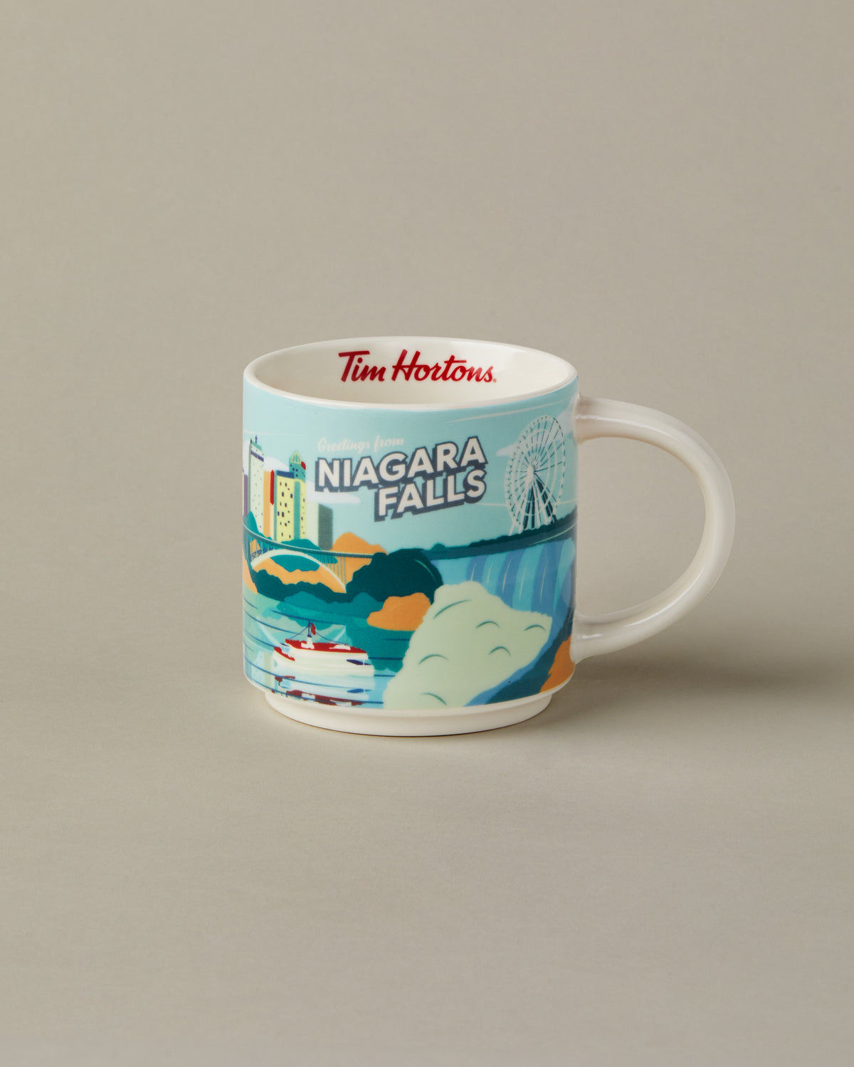 16oz ceramic Tim Hortons mug with Niagara Falls skyline design | Tasse Tim Hortons de 16 oz représentant l’horizon de Niagara Falls. - Image #1