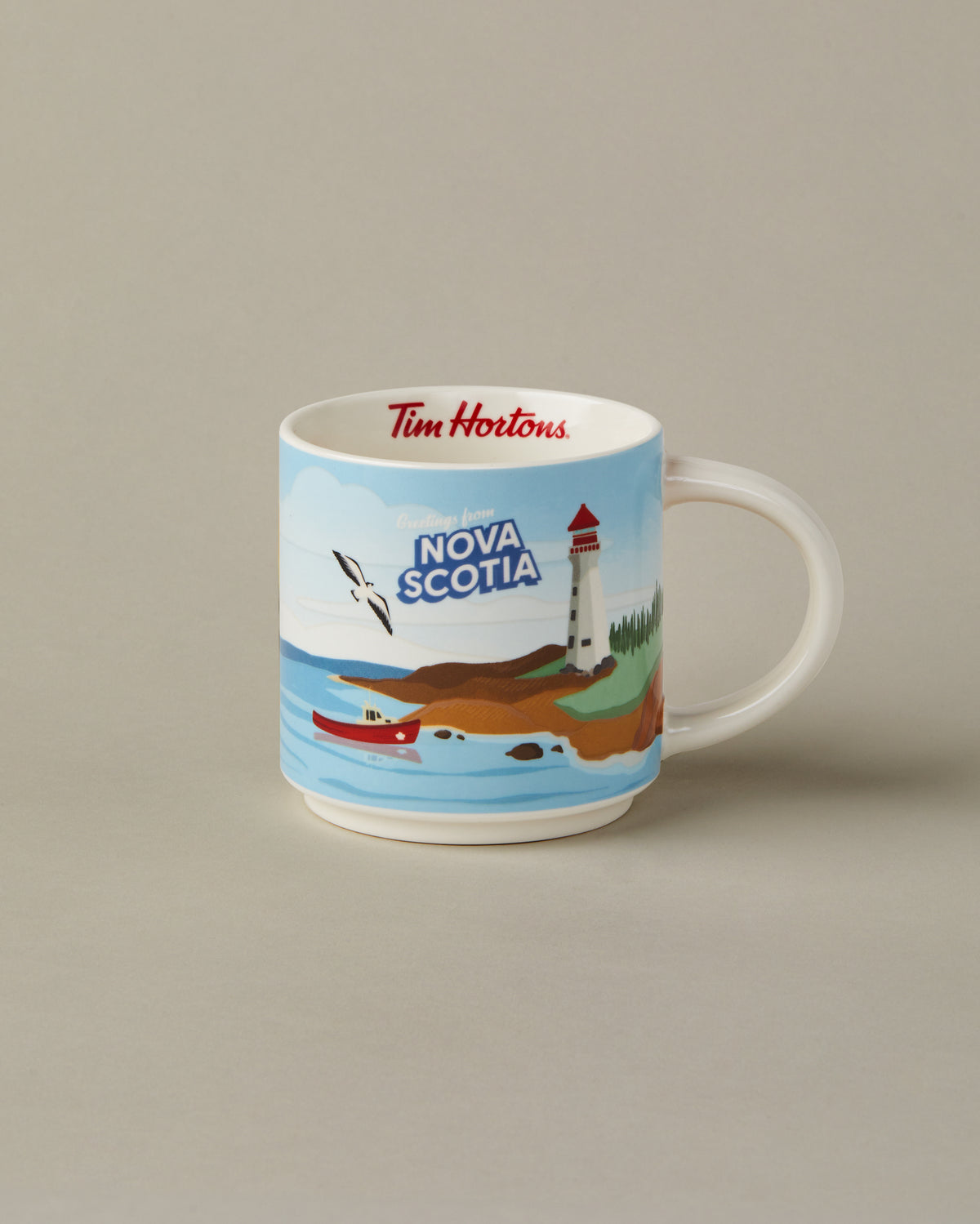 16oz ceramic Tim Hortons mug with Nova Scotia landscape design | Tasse Tim Hortons de 16 oz représentant des paysages de la Nouvelle-Écosse. - Image #1