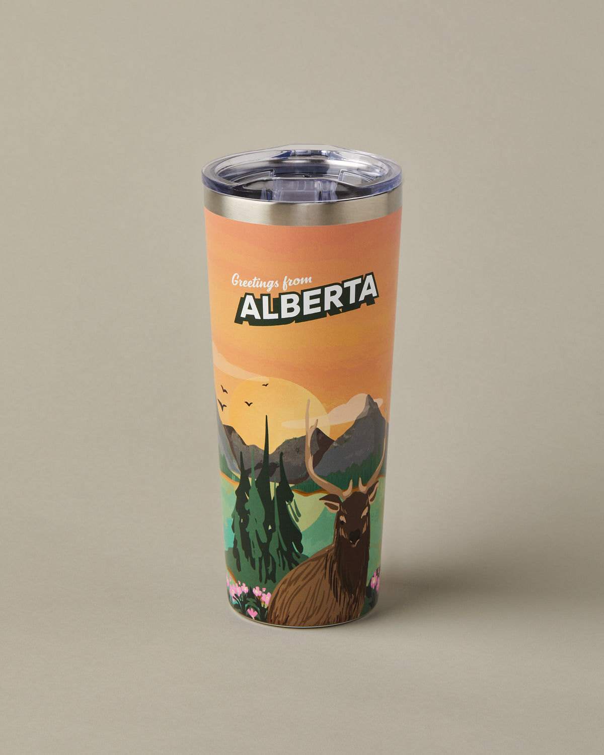 22oz stainless steel Tim Hortons travel mug with Ontario landscape design, insulated for hot and cold drinks | Gobelet de voyage en acier inoxydable Tim Hortons de 22 oz représentant des paysages de Alberta, isotherme pour boissons chaudes et froides. - Image #1