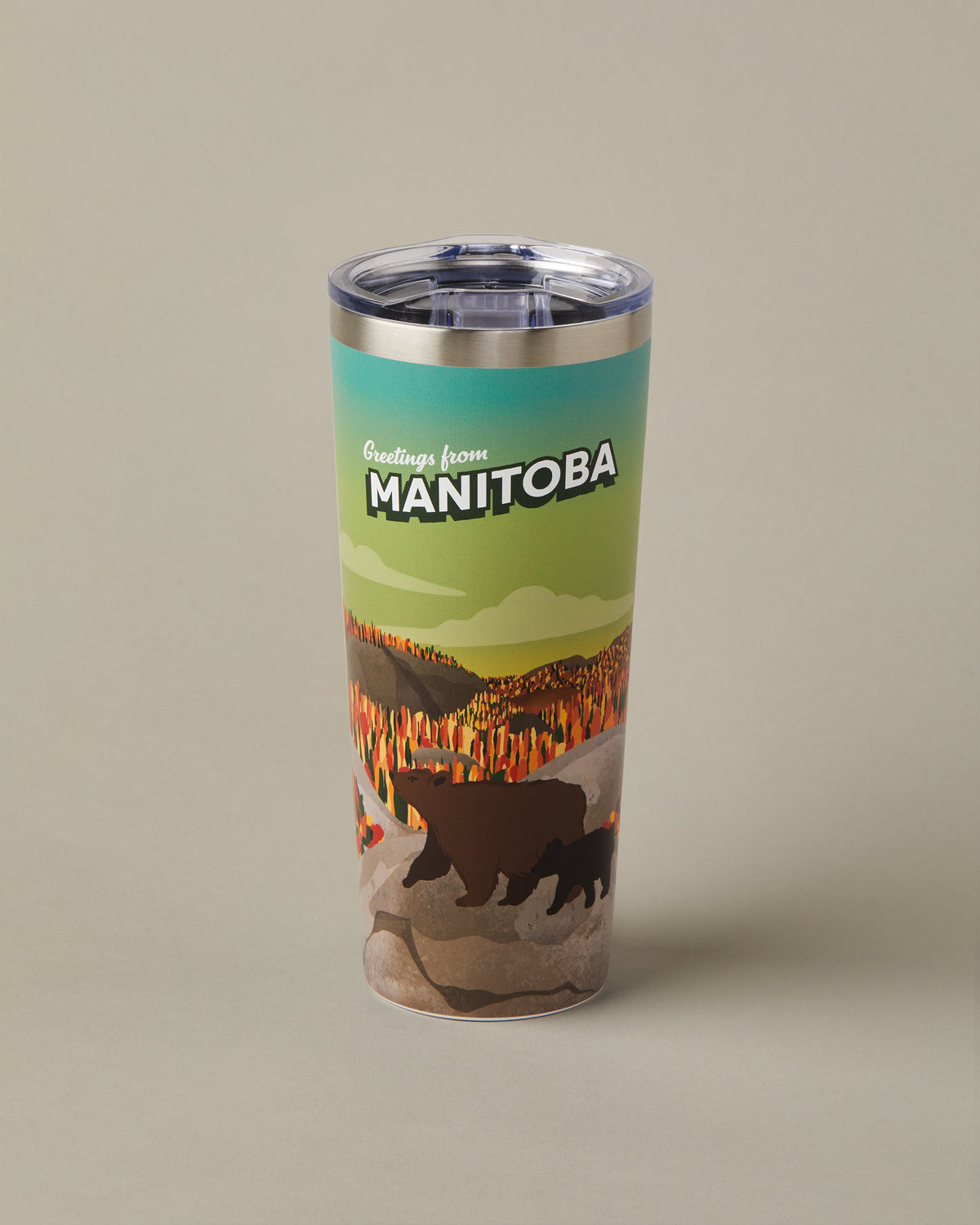 22oz stainless steel Tim Hortons travel mug with Manitoba landscape design, insulated for hot and cold drinks | Gobelet de voyage en acier inoxydable Tim Hortons de 22 oz représentant des paysages du Manitoba, isotherme pour boissons chaudes et froides. - Image #1