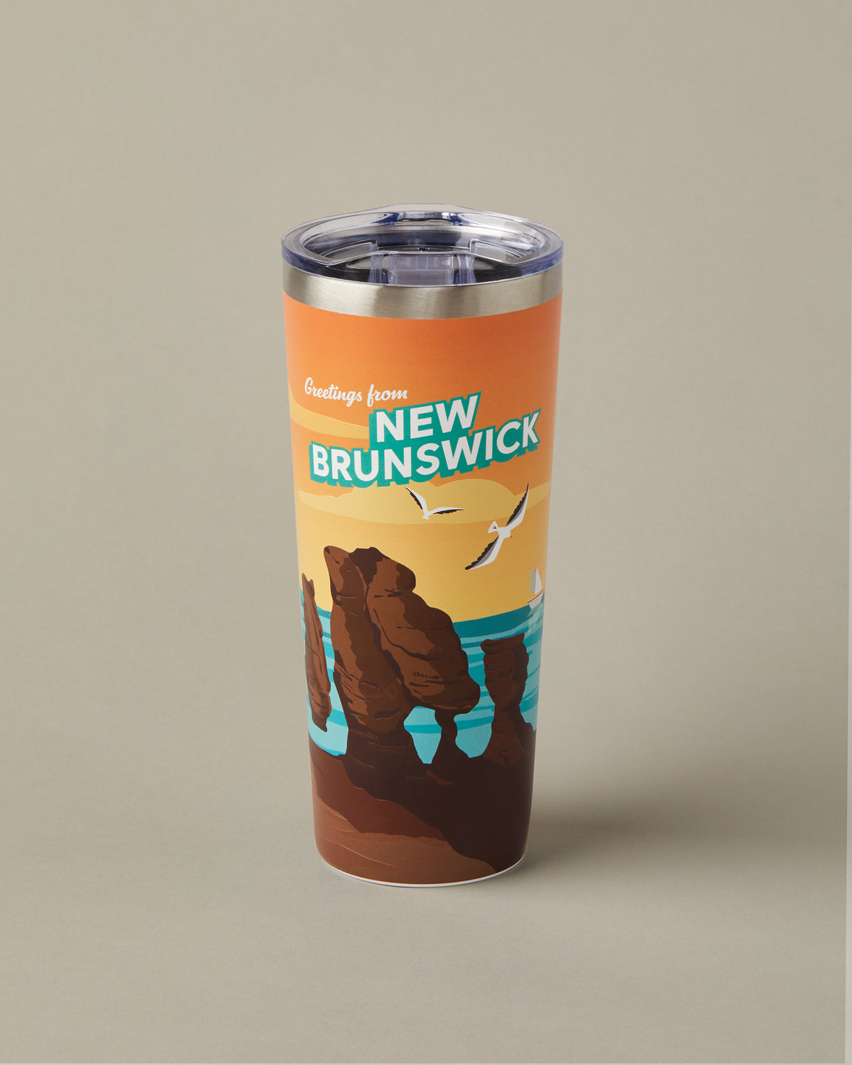 22oz stainless steel Tim Hortons travel mug with New Brunswick landscape design, insulated for hot and cold drinks | Gobelet de voyage en acier inoxydable Tim Hortons de 22 oz représentant des paysages du Nouveau-Brunswick, isotherme pour boissons chaudes et froides. - Image #1