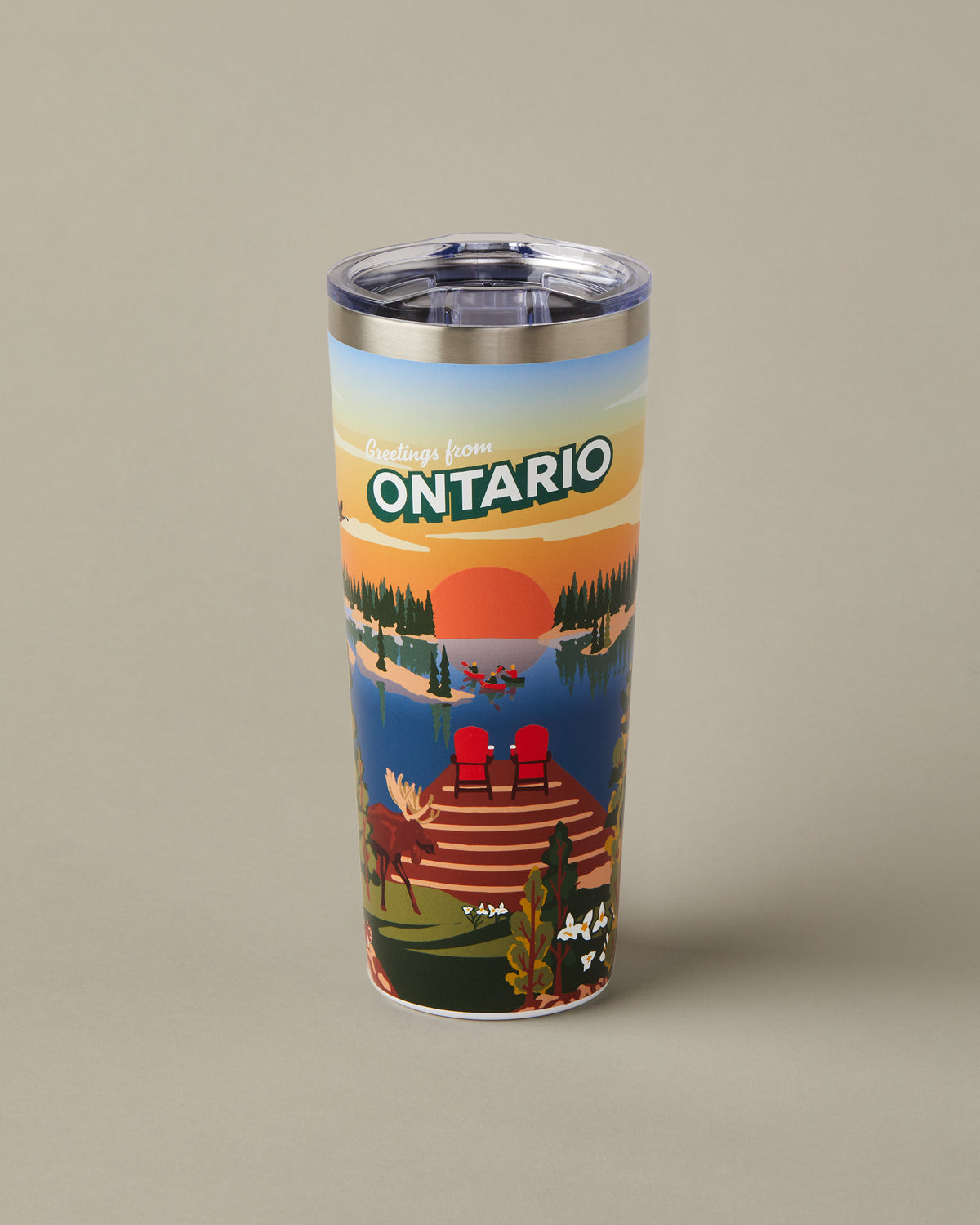 22oz stainless steel Tim Hortons travel mug with Ontario landscape design, insulated for hot and cold drinks | Gobelet de voyage en acier inoxydable Tim Hortons de 22 oz représentant des paysages de l’Ontario, isotherme pour boissons chaudes et froides. - Image #1