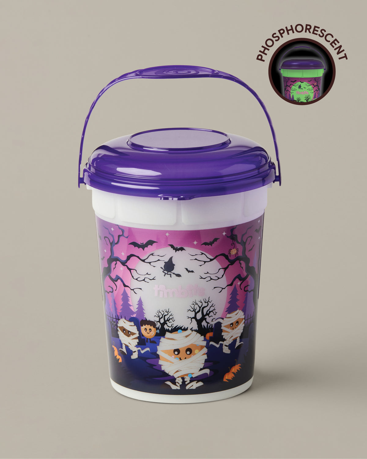 Purple-and-white Timbits® Mummy Halloween bucket shown with a lid and handle | Seau d’Halloween momie TimbitsMD mauve et blanc, présenté avec couvercle et poignée. - Image #4