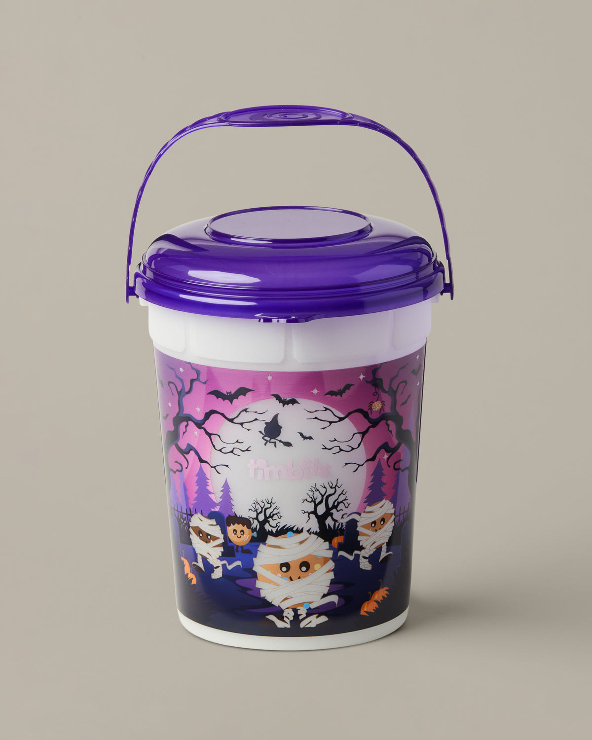 Purple-and-white Timbits® Mummy Halloween bucket shown with a lid and handle | Seau d’Halloween momie TimbitsMD mauve et blanc, présenté avec couvercle et poignée. - Image #2