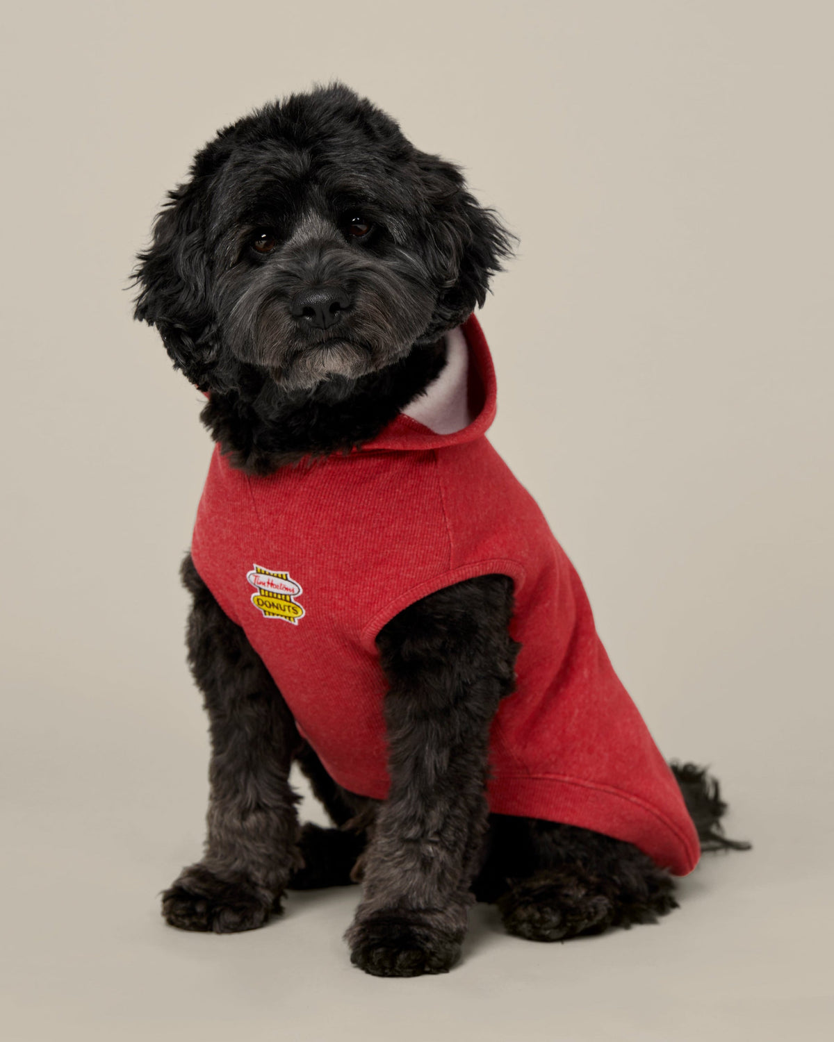 Red marl pet hoodie with retro Tim Hortons logo printed on back | Chandail à capuchon pour animaux rouge chiné avec logo Tim Hortons rétro imprimé sur le dos. - Image #1