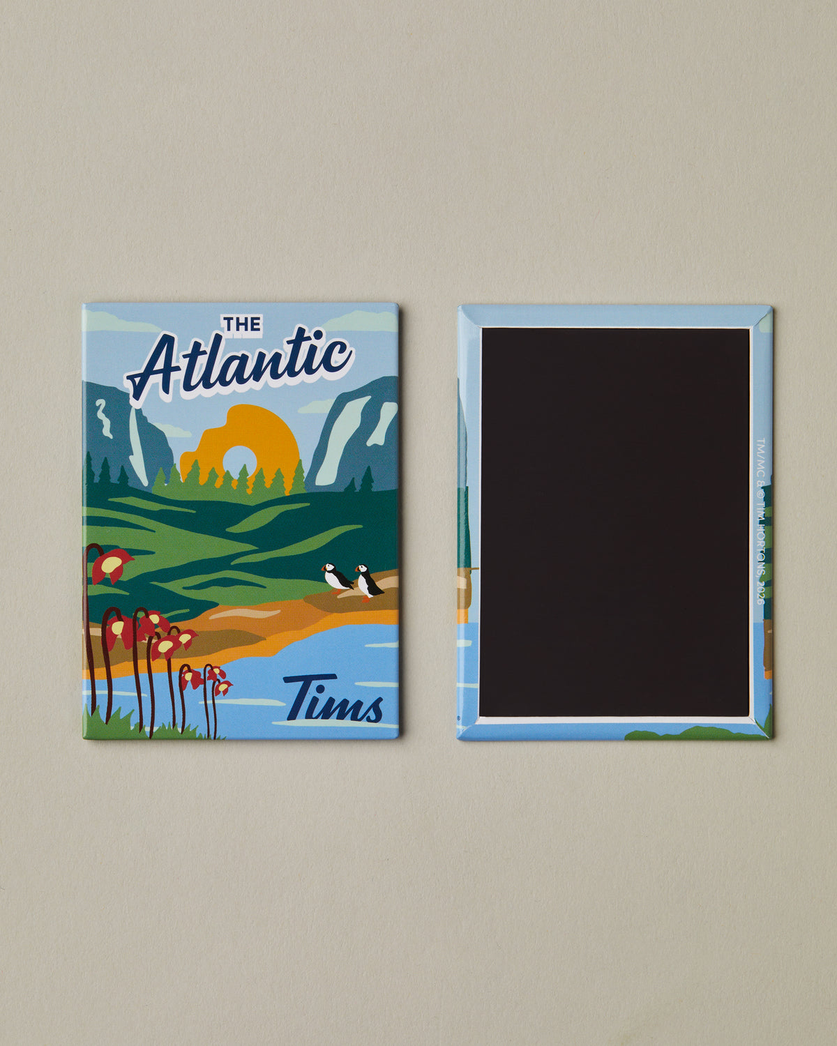 Graphic art magnet featuring The Atlantic stylized landscape with Tim Hortons iconography | Aimant au design artistique mettant en vedette des paysages stylisés du Canada atlantique et l’iconographie de Tim Hortons. - Image #1