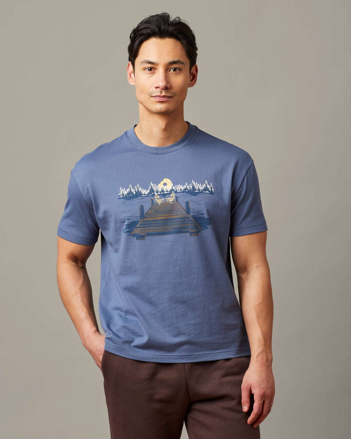 Steel blue unisex t-shirt featuring The Great Lakes Tim Hortons graphic | T-shirt unisexe bleu acier « Les Grands Lacs » de Tim Hortons. - Image #1