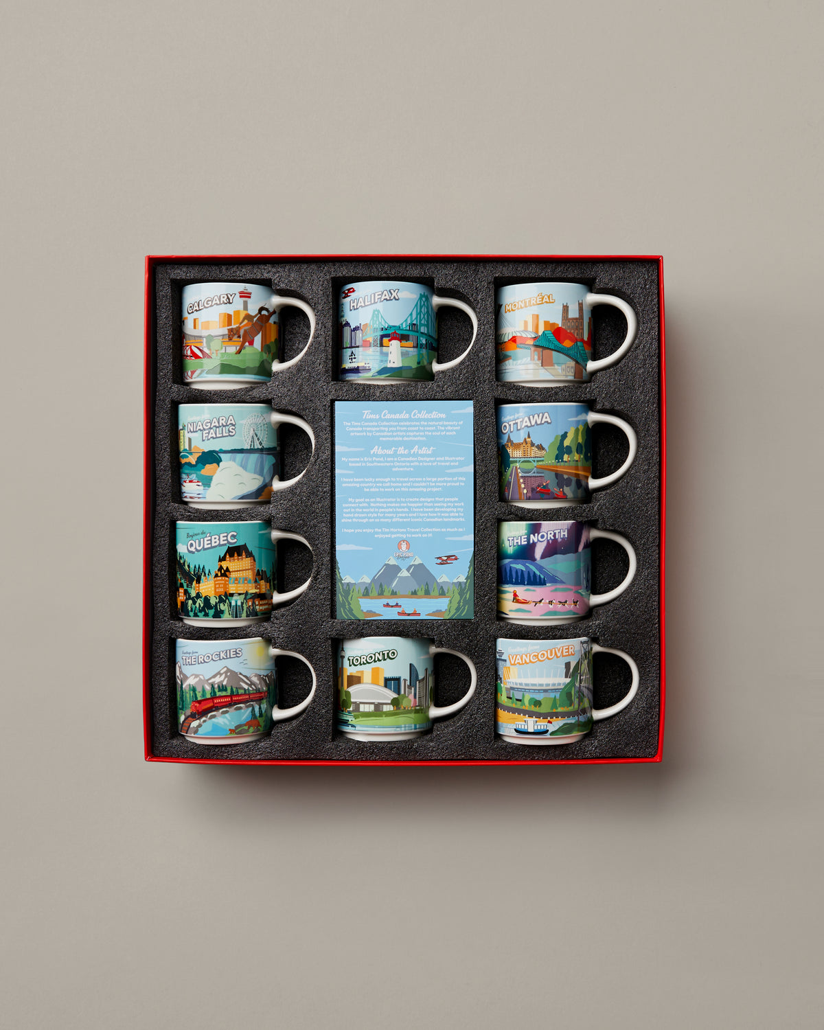 16oz ceramic Tim Hortons city mug set of 10, with designs for Canada's major cities | Ensemble de 10 tasses des provinces Tim Hortons de 16 oz représentant les grandes villes canadiennes. - Image #1