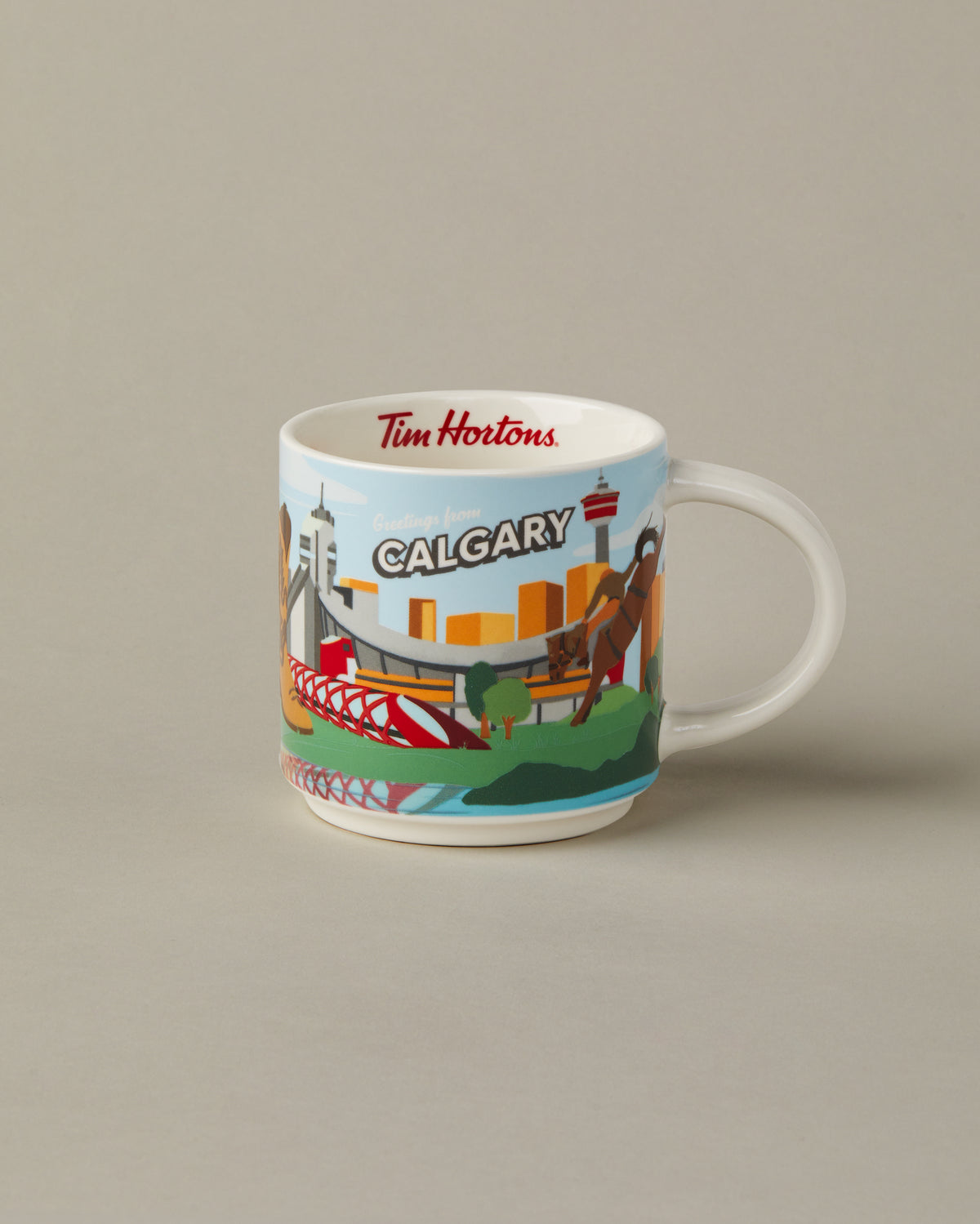 16oz ceramic Tim Hortons mug with Calgary skyline design | Tasse Tim Hortons de 16 oz représentant l’horizon de Calgary. - Image #1