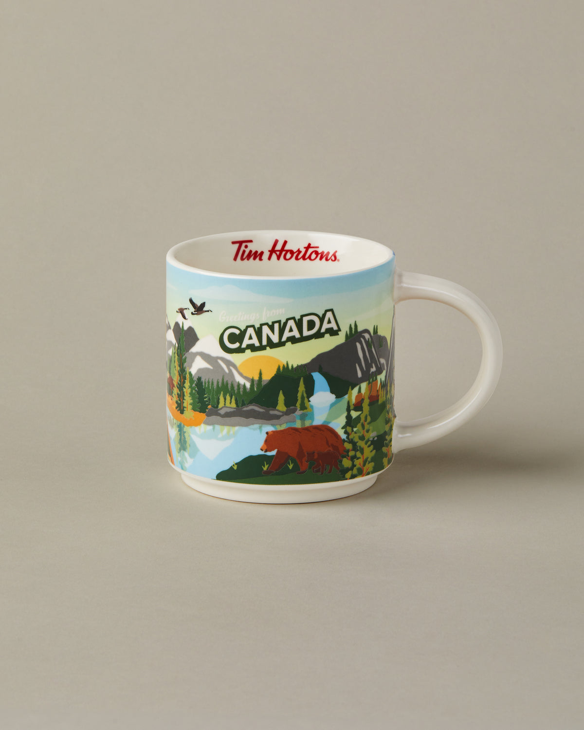 16oz ceramic Tim Hortons mug with Canada landscape design | Tasse Tim Hortons de 16 oz représentant des paysages canadiens. - Image #1