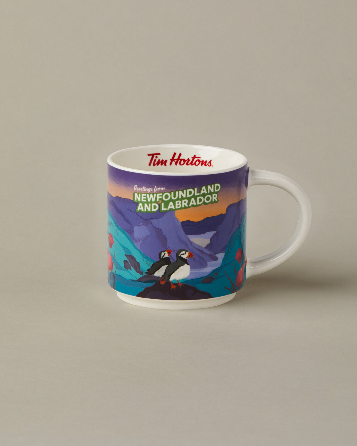 16oz ceramic Tim Hortons mug with Newfoundland and Labrador landscape design | Tasse Tim Hortons de 16 oz représentant des paysages de Terre-Neuve-et-Labrador. - Image #1