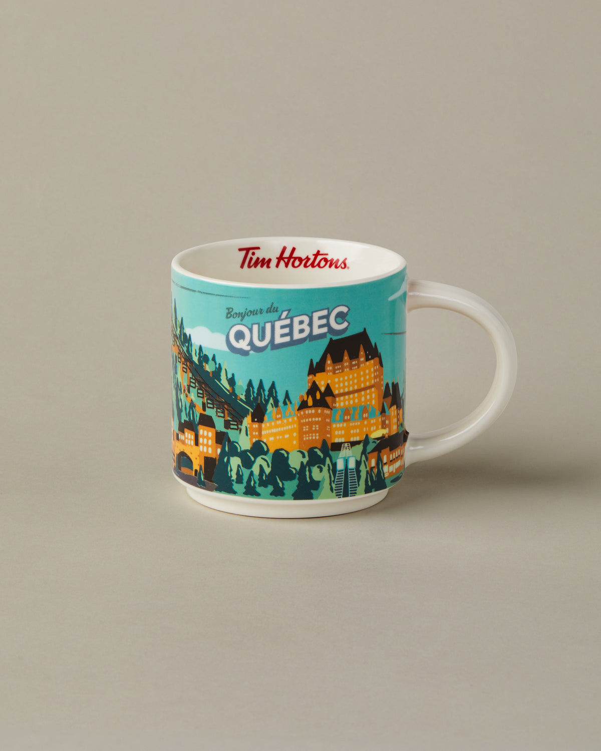 16oz ceramic Tim Hortons mug with Quebec City landmarks design | Tasse Tim Hortons de 16 oz représentant les monuments de la ville de Québec. - Image #1