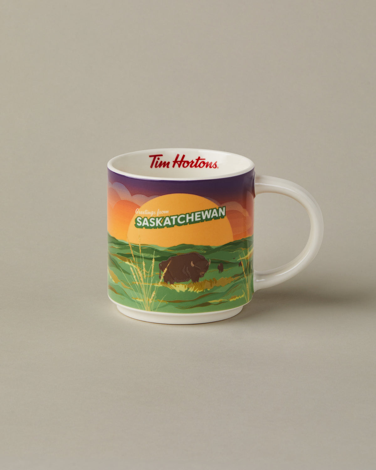 16oz ceramic Tim Hortons mug with Saskatchewan landscape design | Tasse Tim Hortons de 16 oz représentant des paysages de la Saskatchewan. - Image #1