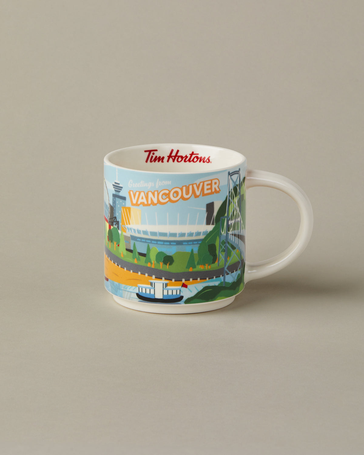 16oz ceramic Tim Hortons mug with Vancouver skyline design | Tasse Tim Hortons de 16 oz représentant l’horizon de Vancouver. - Image #1