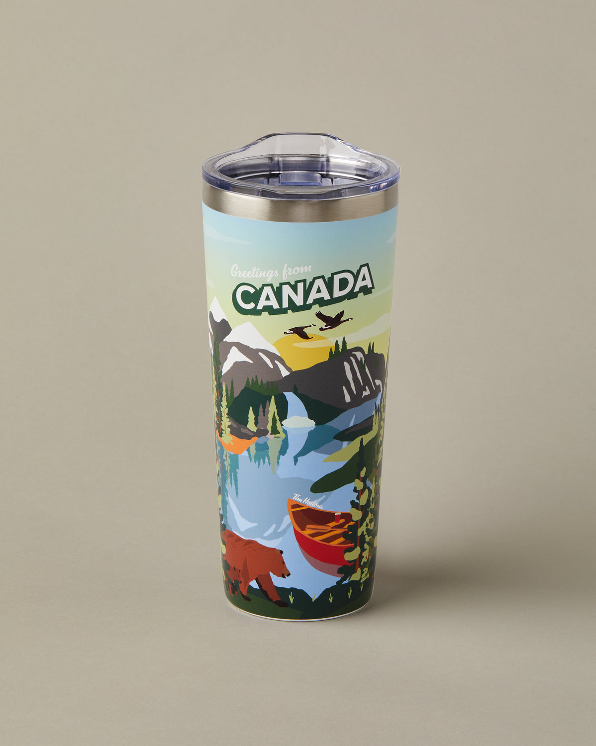 22oz stainless steel Tim Hortons travel mug with Canada landscape design, insulated for hot and cold drinks | Gobelet de voyage en acier inoxydable Tim Hortons de 22 oz représentant des paysages du Canada, isotherme pour boissons chaudes et froides. - Image #1