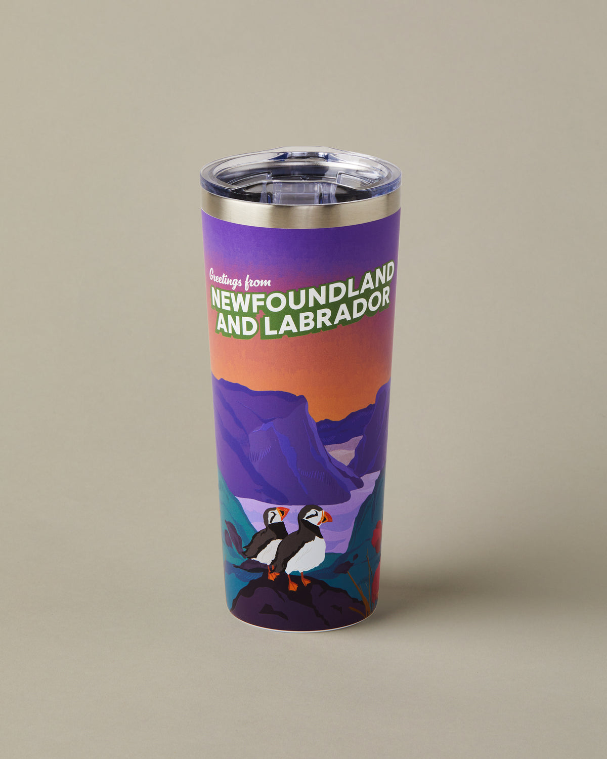 22oz stainless steel Tim Hortons travel mug with Newfoundland and Labrador landscape design, insulated for hot and cold drinks | Gobelet de voyage en acier inoxydable Tim Hortons de 22 oz représentant des paysages de Terre-Neuve-et-Labrador, isotherme pour boissons chaudes et froides. - Image #1