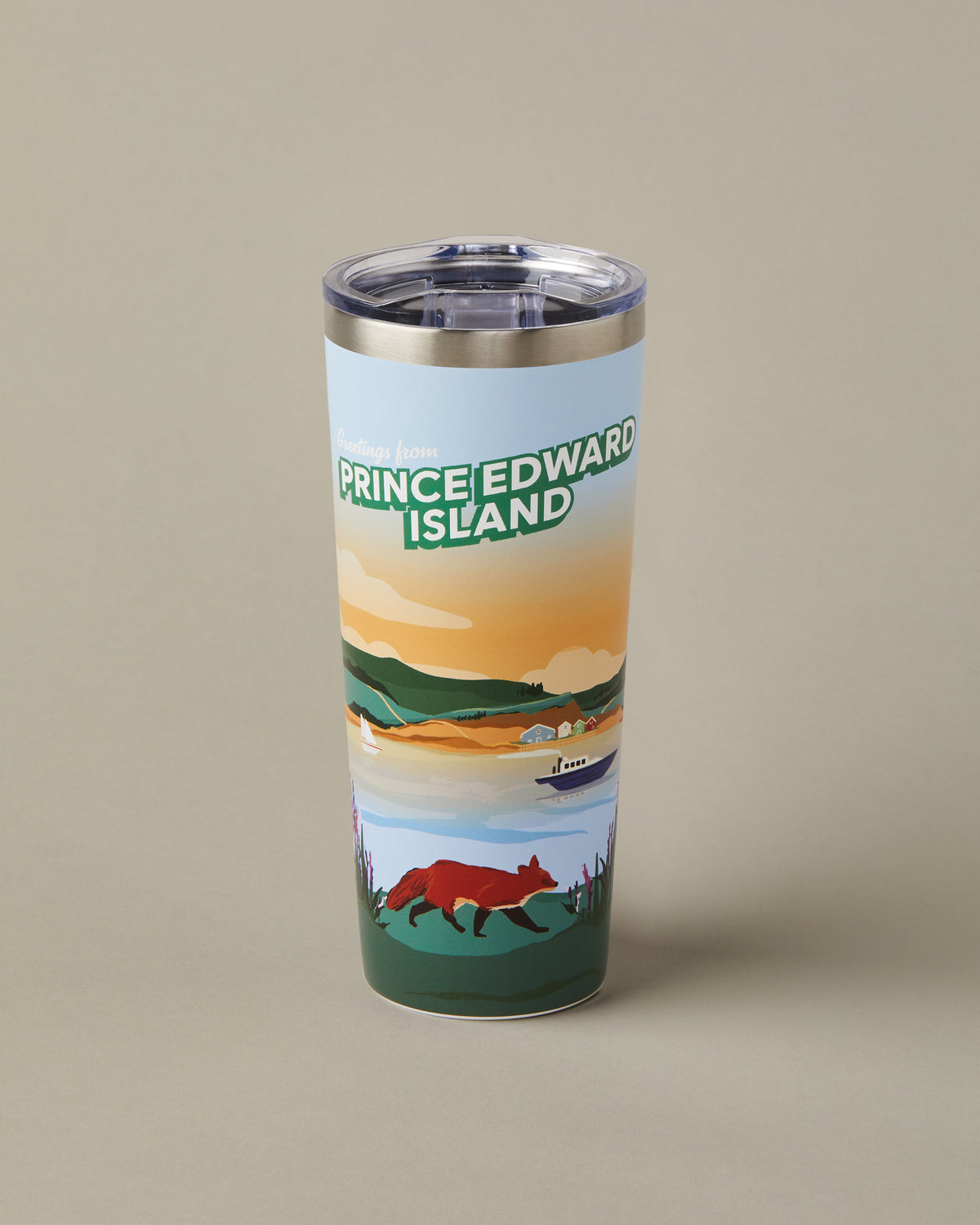 22oz stainless steel Tim Hortons travel mug with Prince Edward Island landscape design, insulated for hot and cold drinks | Gobelet de voyage en acier inoxydable Tim Hortons de 22 oz représentant des paysages de l’Île-du-Prince-Édouard, isotherme pour boissons chaudes et froides. - Image #1