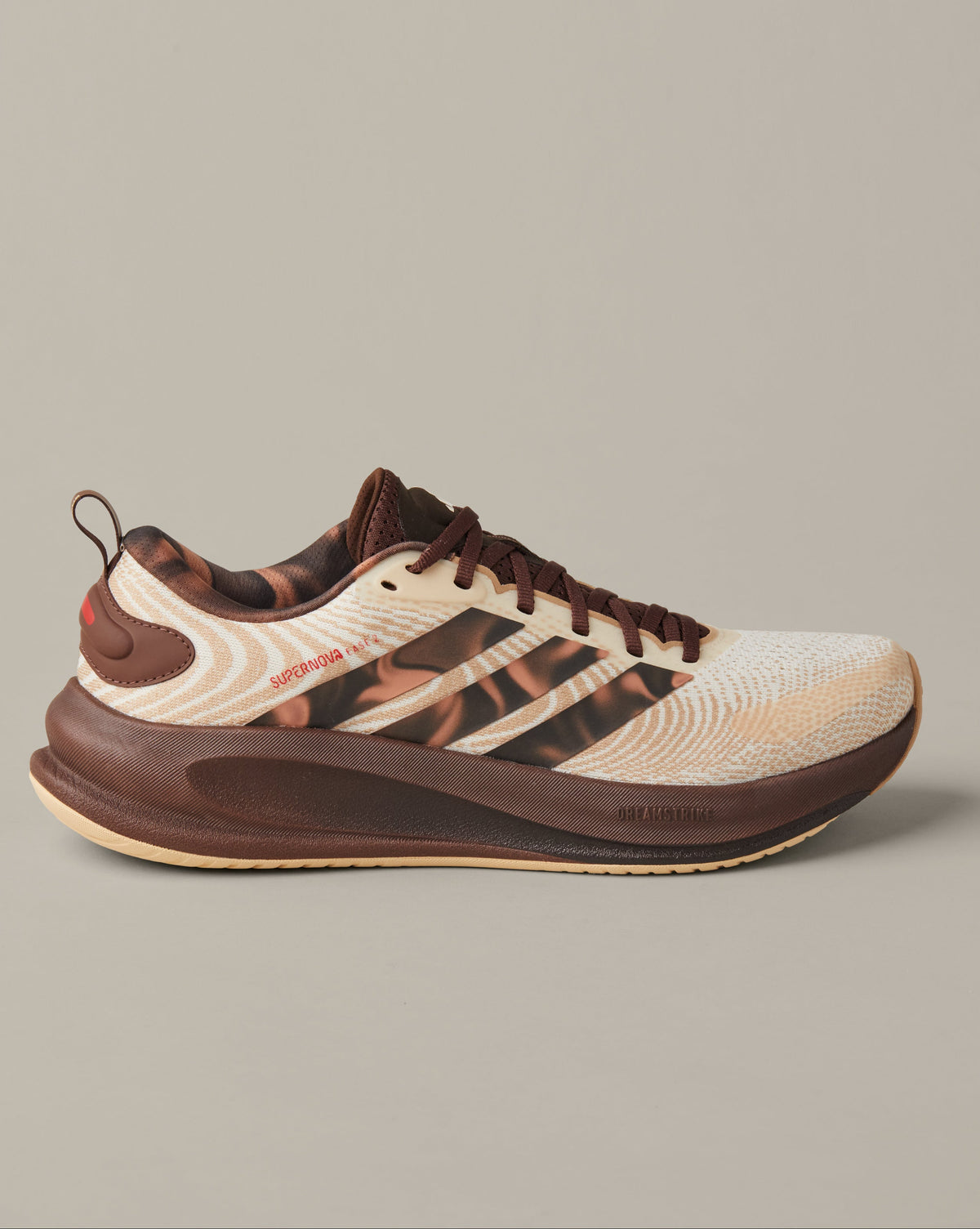 Men’s adidas® Supernova Ease running shoes in cream and coffee-brown shades with patterned 3-Stripes and Tim Hortons details. - Image #4