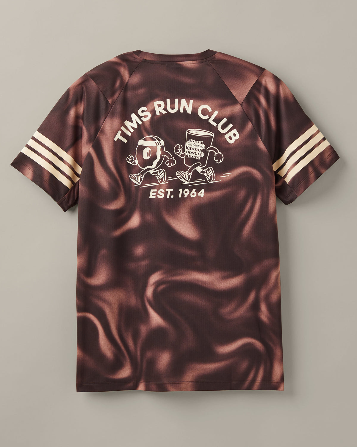 Espresso-brown adidas® CLIMACOOL T-shirt with cream sleeve stripes and a Tims Run Club coffee-and-donut graphic. - Image #3