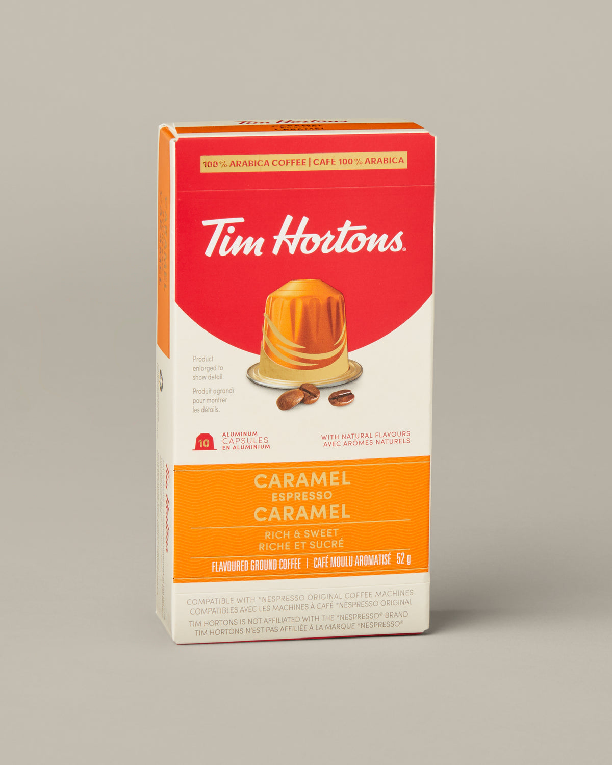 Tim Hortons Caramel Espresso, box of 10 Nespresso-compatible capsules. | Espresso au caramel Tim Hortons, boîte de 10 capsules compatibles avec Nespresso.