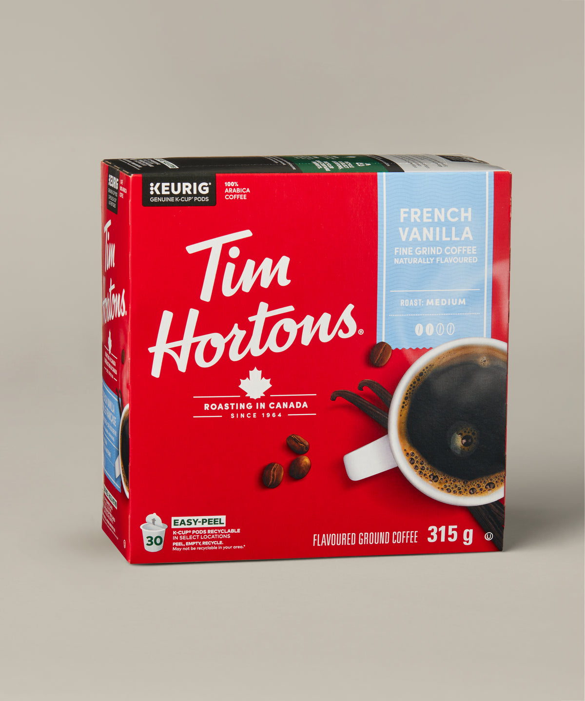 Tim Hortons French Vanilla, box of 30 Keurig-compatible K-Cup coffee pods. | Café vanille française Tim Hortons, boîte de 30 capsules de café K-Cup compatibles avec Keurig.