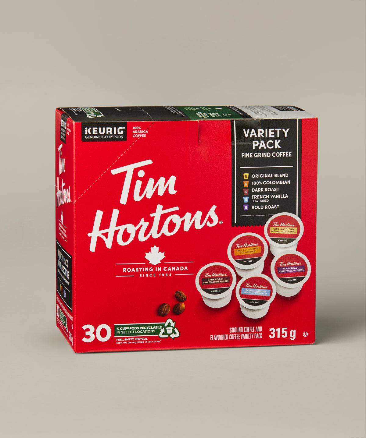 Tim Hortons Variety Pack, box of 30 Keurig-compatible K-Cup coffee pods. | Boîte assortie Tim Hortons, boîte de 30 capsules de café K-Cup compatibles avec Keurig.