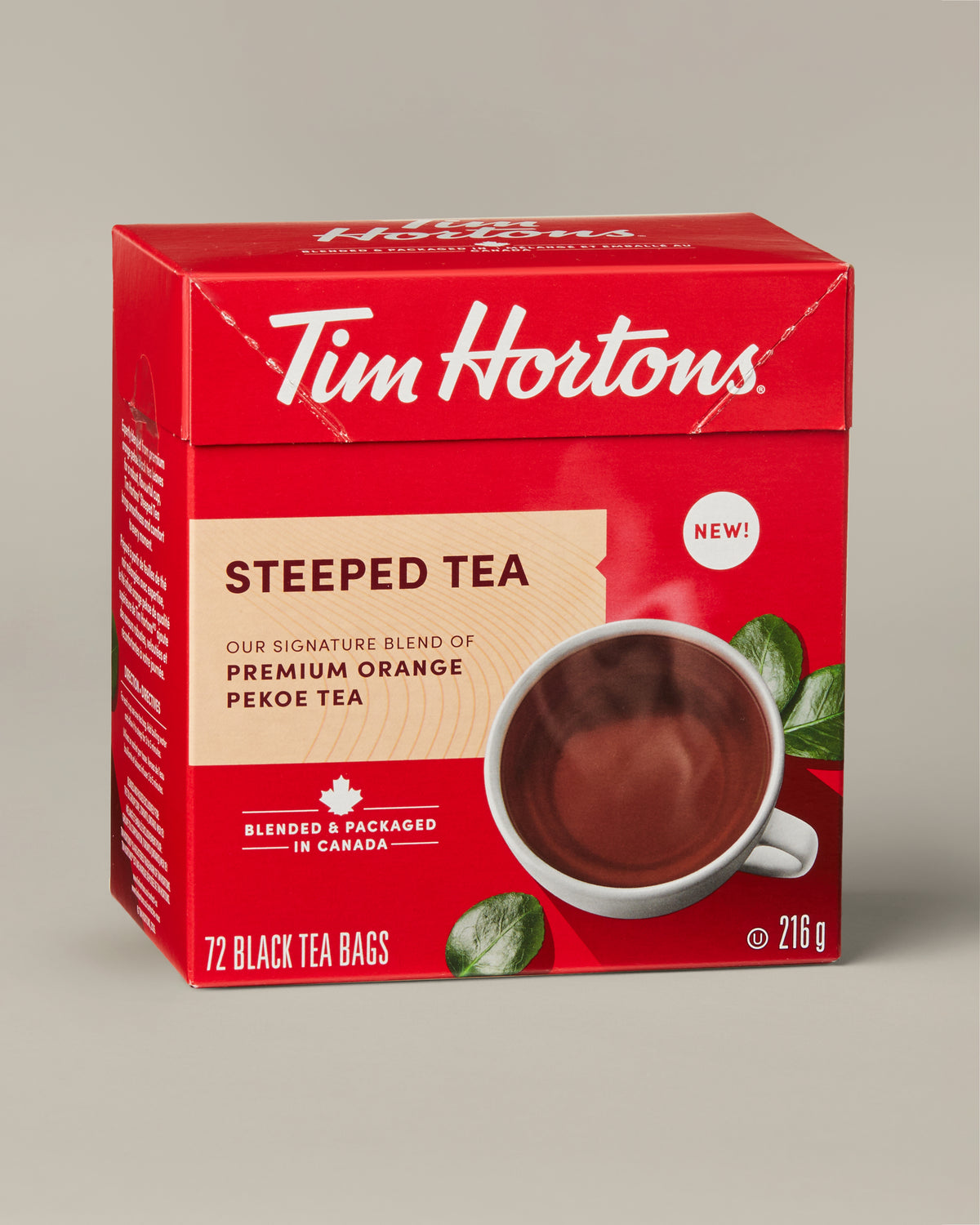 Tim Hortons Orange Pekoe Steeped Tea, box of 72 tea bags. | Thé infusé orange pekoe Tim Hortons, boîte de 72 sachets.